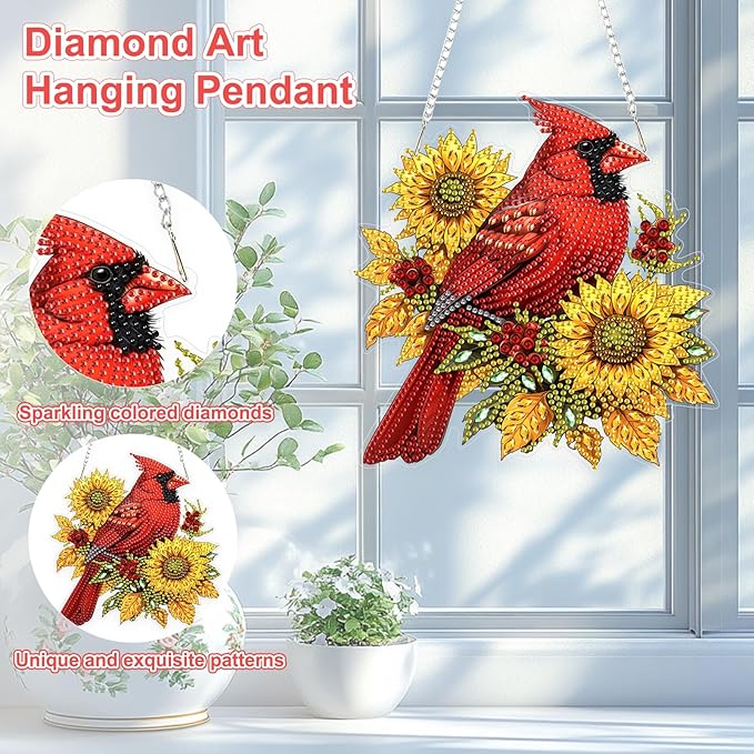 TOSTOG Cardinal Diamond Art Hanging Kits for Adults, Bird Sunflower Diamond Painting for Adults Window Pendant,Special Shape Diamonds Diamond Painting Hanging Pendant Kit for Wall Home Decor Gift