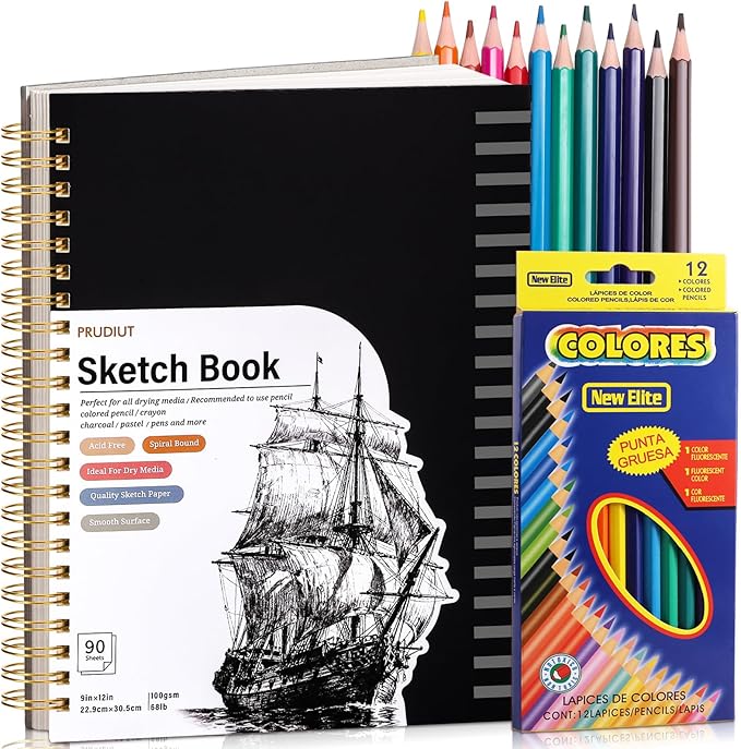 Sketch Book with 12 Color Pencil Set, 90 Sheets Spiral Sketchbook for Drawing (68lb/100gsm), Acid-Free Sketch Pad, Art Paper Drawing Supplies for Artist Gifts Christmas(9×12 inch)