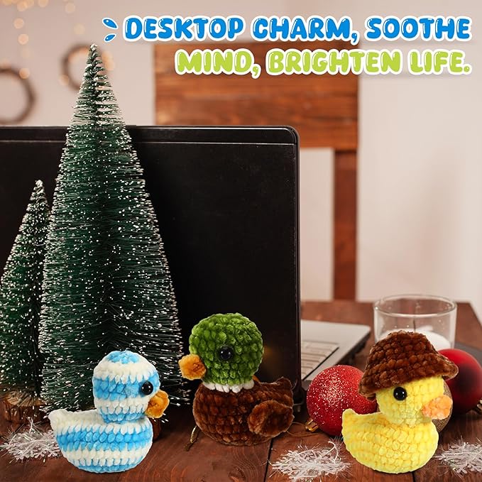 XunYee 3 Pcs Little Ducks Crochet Kit DIY Amigurumi Set Chenille Yarn Crochet Kit for Beginners with Complete Tools Step-by-Step Pattern Craft Gift for Adults