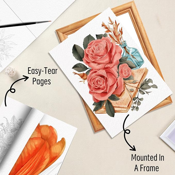 Watercoloring Book, A4 Water Coloring Book Paint Book Beginner Friendly - Watercolor Coloring Books for Adults, 12 Pre-Printed Designs on 180GSM Cold Press Paper, (Without Paint or Brushes) - Plant