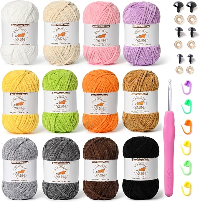 12 Skeins Fluffy Chenille Yarn for Crocheting, Soft Bulky Velvet Yarn for Knitting, Plush Baby Blanket Crochet Yarn, 1572 Yards Multicolor Amigurumi Yarns for Crafts Set D