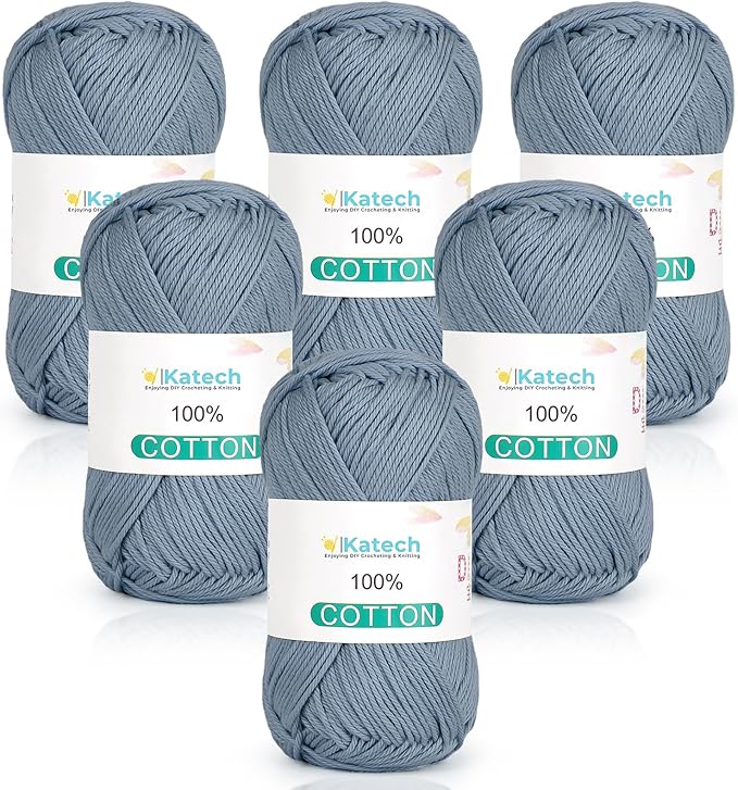 Katech Pure Cotton Yarn for Crocheting & Knitting–Soft Sport Weight CYC #2, 6 Skeins (50g Each, 300g Total), Ideal Crochet Yarn for Dishcloths, Baby Clothes, Socks, Lightweight Scarves（Blue Gray）