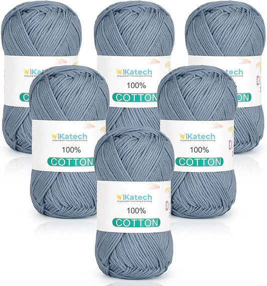 Katech Pure Cotton Yarn for Crocheting & Knitting–Soft Sport Weight CYC #2, 6 Skeins (50g Each, 300g Total), Ideal Crochet Yarn for Dishcloths, Baby Clothes, Socks, Lightweight Scarves（Blue Gray）