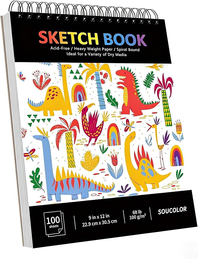 soucolor 9" x 12" sketch book, 100 sheets spiral bound art sketchbook, acid free artist drawing book paper, art supplies for adults, craft activities, sketch paper for drawing coloring sketching
