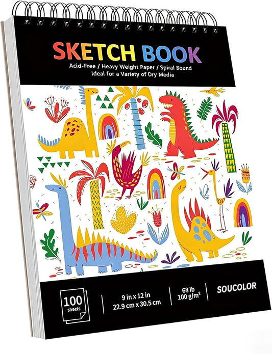 soucolor 9" x 12" sketch book, 100 sheets spiral bound art sketchbook, acid free artist drawing book paper, art supplies for adults, craft activities, sketch paper for drawing coloring sketching