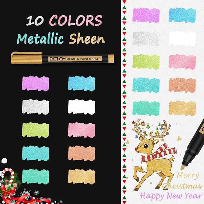 Betem Metallic Paint Markers, 10 Colors Acrylic Metallic Markers for Black Paper, 2mm Medium Tip Glitter Pens Scrapbooking Supplies, Eggs Decorating Kit, Rock, Photo Albums, Card Making Painting Kit