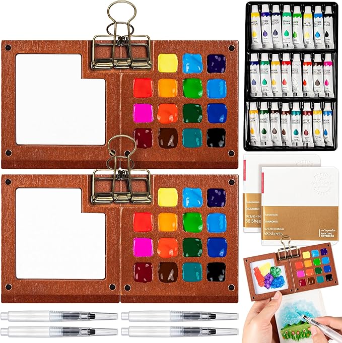 Mini Watercolor Travel Set, Mini Watercolor Paint Set with 2 Wooden 15-Grid Palette, 24 Colors Paint, 2 Sketch Books and 4 Brushes, Copper Clip and Sketchbook for Travel Painting