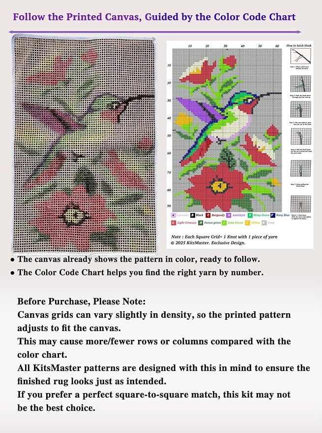 Hummingbird Garden Latch Hook Rug Kit – Vibrant Bird & Flowers Design | Pre-Printed Canvas & Soft Yarn for Adults – Relaxing Yarn Craft for Wall Decor Holiday Gifts, 23.6''x15.8'' (Hummingbird Bloom)