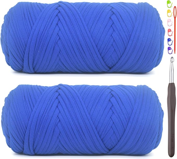 2 Pack Tshirt Yarn for Crocheting,Royal Blue T Shirt Chunky Elastic Fabric Thick T-Shirt Crochet Yarn for Beginners Crocheting Hand Knitting Bag/Basket/Coasters/DIY Crafts/Home Decor 2 * 200G