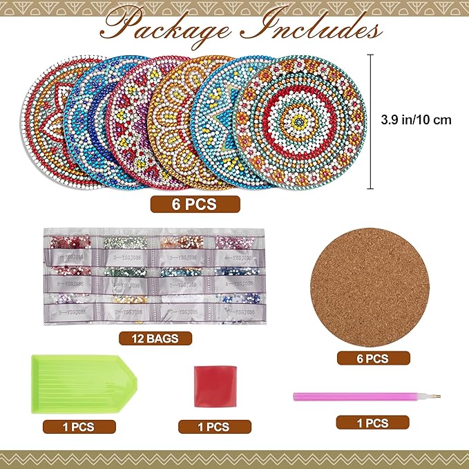 Temlum 6 Pcs Diamond Painting Coasters Kit, Mandala Diamond Art Coasters for Beginners, Adults Small Diamond Painting Kit Art Craft Supplies