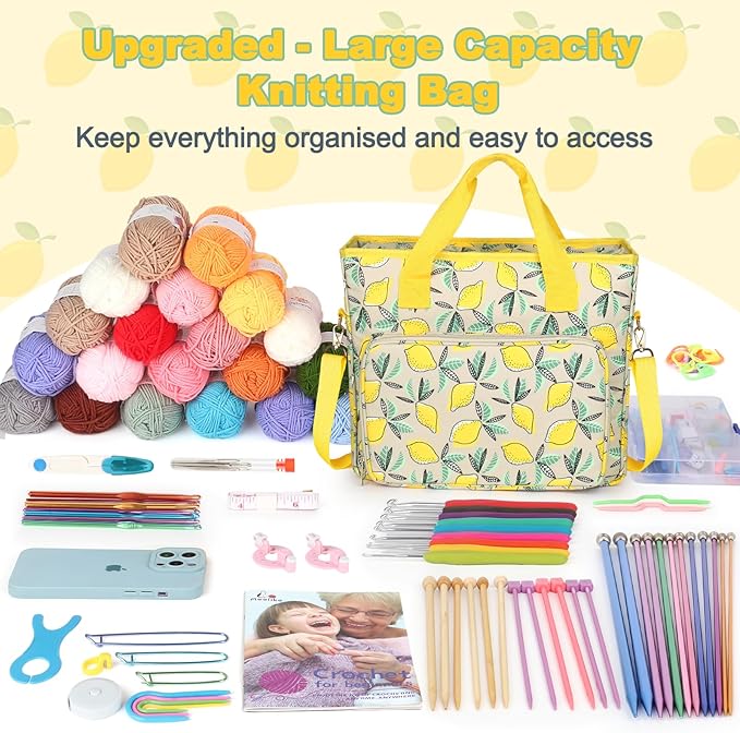 Yarn Storage Organizer Travel Crochet Bag, Large Capacity Tote Bag Knitting Bag for Carrying Projects, Knitting Needles, Crochet Hooks and Yarn, Fruit Yellow Lemon