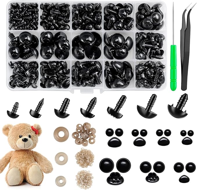 Safety Eyes and Noses, Plastic Craft Eyes and Teddy Bear Nose for Amigurumi with Washers，Crochet and Tweezers for Doll Making Supplies