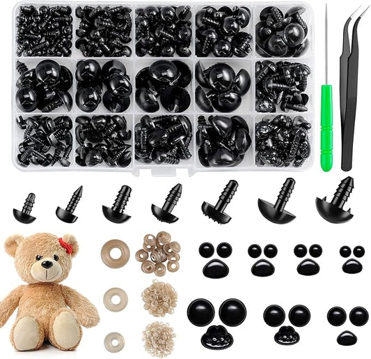 Safety Eyes and Noses, Plastic Craft Eyes and Teddy Bear Nose for Amigurumi with Washers，Crochet and Tweezers for Doll Making Supplies