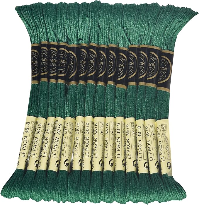 LE PAON Embroidery Floss, 14-Pack Six Strands 100% Long Staple Cotton Embroidery Thread, 8.7-Yard，Color Number：3818, Ultra Very Dark Emerald Green