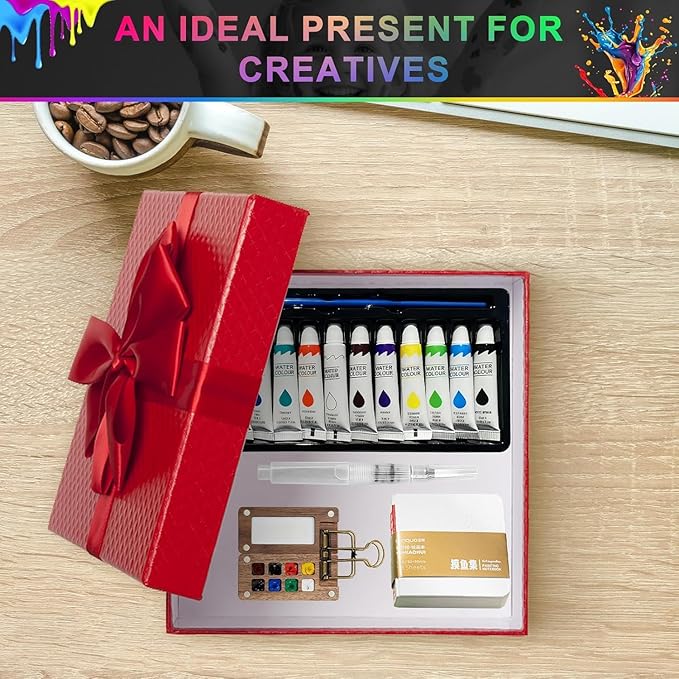 Mini Watercolor Paint Set,24 color Paints, 15 Grids Portable Wooden Travel Palette, Sketchbook & Copper Clip, Metal Clip –For Beginners, Artists & Painting Enthusiasts