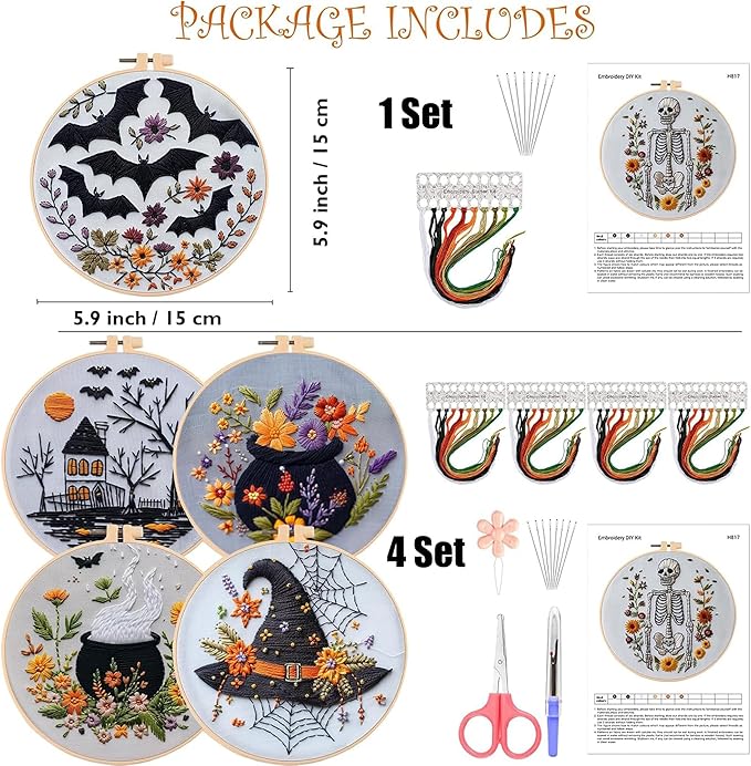 QBQBQ Halloween Embroidery Kit, Halloween Cross Stitch Kit, 4 Set, Adults, Unisex, 6 Inch, Non-Foldable, Gothic, Cross Stitch, Needlepoint, DIY, Craft Kit (1 Set)