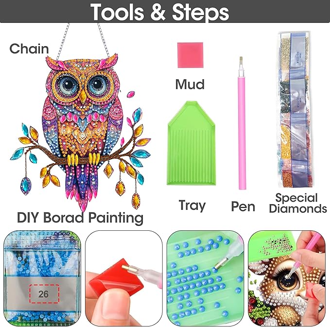 SKRYUIE Owl Hanging Diamond Art Kits for Adults Pendant Suncatcher, Special Shaped Crystal DIY Pearl Diamond Painting Kit, Gift for Mother Spring Summer Window Wreath Decor 7.49 x 6.7 Inch A30