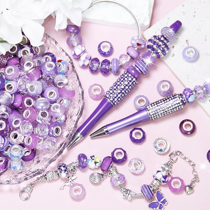 200Pcs Large Hole Beads Purple Assorted European Craft Big Beads Large Hole Lampwork Murano Bead Fairy Wand Garden Bead for DIY Charm Bracelet Necklace Jewelry Making Decoration Supplies