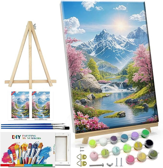 ATDMS Paint by Numbers Kits for Adult with Frame DIY Mountain Paint by Number with Easel Acrylic Sunset Oil Painting by Number for Wall Hanging Home Room Decor 7.87x11.81 Inch
