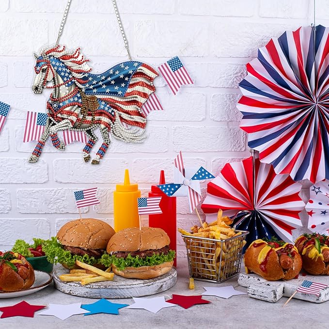 CEOVR 4th of July Hanging Diamond Art for Adults, American Flag Horse Diamond Painting Pendant DIY Gem Art Wall Hanging Ornament, Acrylic Home Garden Decor with Chain, Box Kit 7.78×7.14inch
