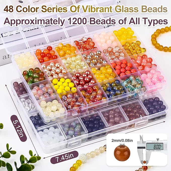 XSEINO About 1200PCS 8mm Glass Beads Bracelet Making Kit，48 Assorted Yellow and Black-White Series Colorful Crystal Beads for Making and DIY Crafts
