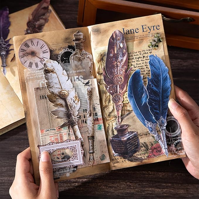 Vintage Pen & Ink Cardstock Stickers – 60pcs Antique Feather Quill & Ink Bottle Designs, Large Laser-Cut Peel and Stick Decor for Scrapbook Journal Junk Journal Collage Crafts
