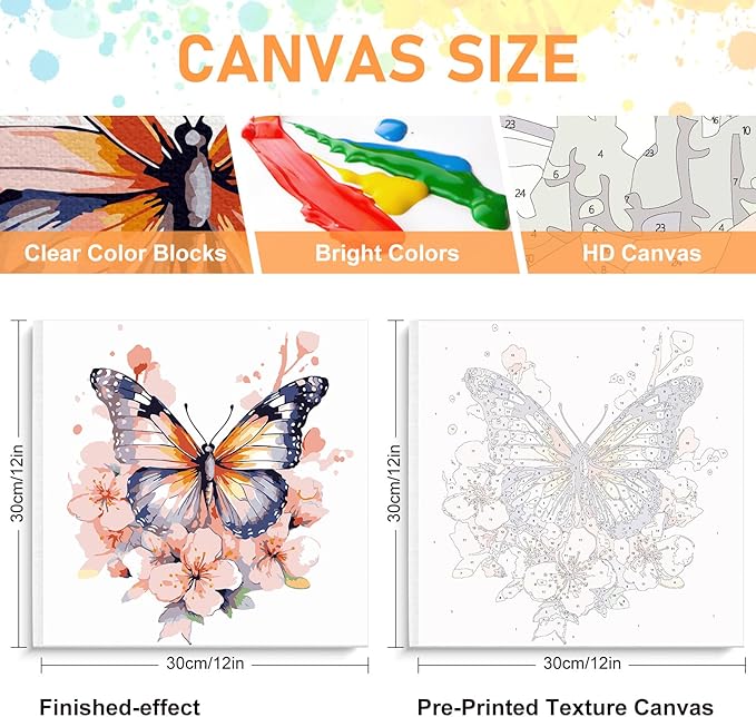 Framed Paint by Numbers Kit for Adults Beginners & Kids Ages 8-12, Butterfly Flowers Acrylic Easy Paint by Number with Frame, Number Painting Kits on Canvas Framed (12 * 12 Inch, without Easel)