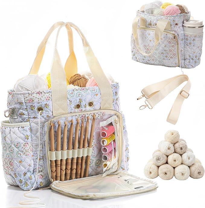 SilTriangle Large Floral Quilted Crochet Knitting Bags and Totes Organizer Cotton Yarn Hook Bag Holder Christmas Corduroy Gift for Crochet Lover Crocheting Accessories, Needle with Zipper, Size M
