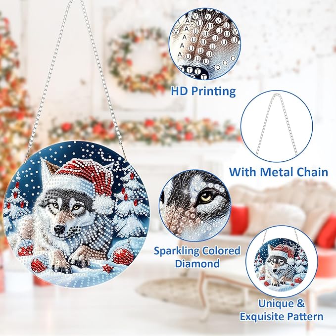 SENQAO Christmas Diamond Art Hanging Kits for Adults Kids, Wolf Diamond Art Suncatchers, 5D Special Shape Diamond Painting Pendant Window Ornament Gifts for Home Door Wall Decor