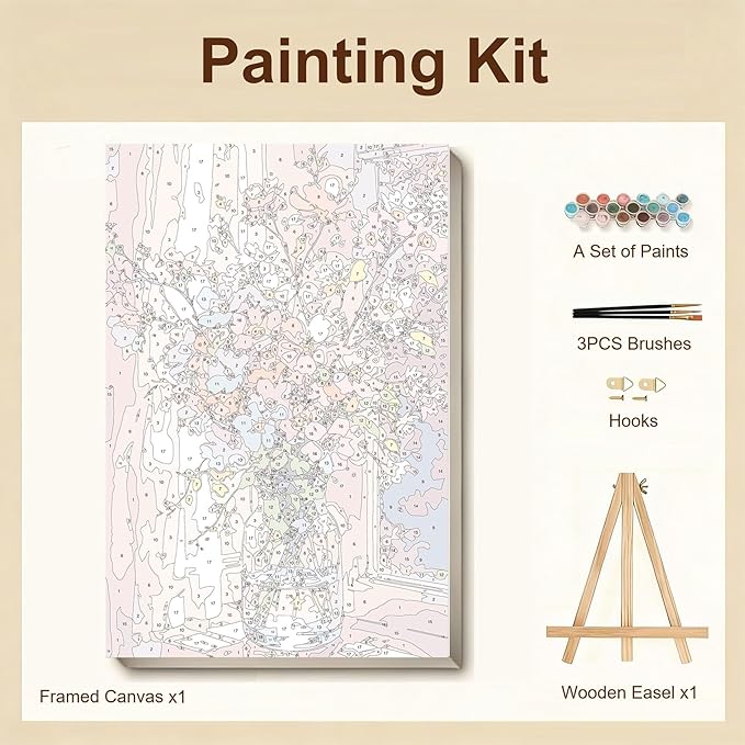Gemozaic Flowers Paint by Numbers Kit for Adults with Frame and Easel, Flower Framed Adults' Paint by Number Kits, Oil Acrylic Painting for Home, Office, Wall Decor, 8 x 12 Inch