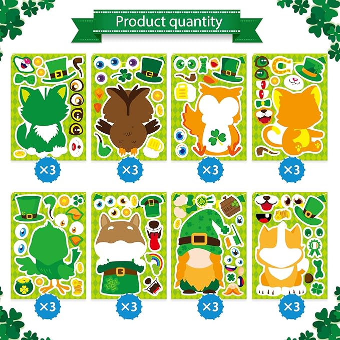 24 sheets st patrick's day stickers mix and match make a face animal stickers st patrick's day party favor supplies, art and craft