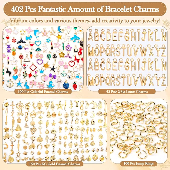 Modacraft 402 Pcs Charms for Jewelry Making with Jump Rings, 3 Types Bulk Assorted Enamel KC Letter Charm for DIY Necklace Bracelet Earring Keychain Craft Supplies