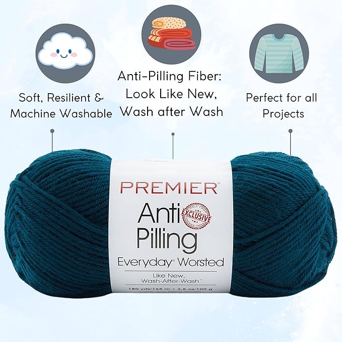 Premier Yarns Everyday Anti-Pilling Solid Deep Teal DN100-69 (3-Skeins - Same Dye Lot) #4 Worsted Weight Acrylic Yarn for Crocheting and Knitting with Project Bag
