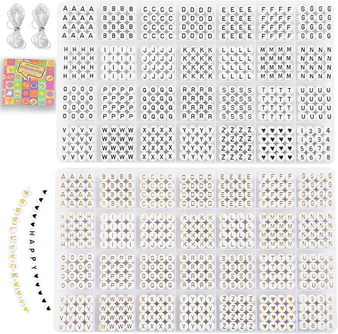 L'EclatDina 2 Box Set Letter Beads, Alphabet Beads for Bracelets, 1900+ PCS Round Number & Heart, 5m Elastic String Jewelry Making Kit, Ideal for Friendship Bracelets (Black+Gold)