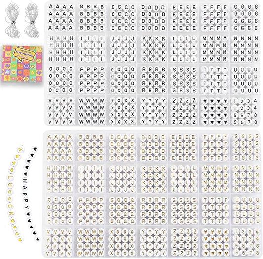 L'EclatDina 2 Box Set Letter Beads, Alphabet Beads for Bracelets, 1900+ PCS Round Number & Heart, 5m Elastic String Jewelry Making Kit, Ideal for Friendship Bracelets (Black+Gold)