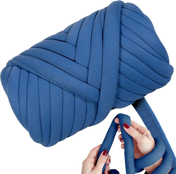 Light Weight Ultra Soft 2.2 LBS (1 kg) Chunky Yarn for Hand Knitting, Lush Polyester Fabric Tube Yarn to Make Handbags, Pillows, Blankets, Crafts (Blue)