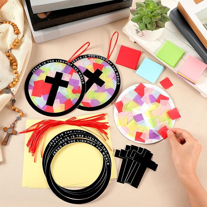 Motipuns 32 Sets Resurrection Easter Ornaments Craft Kit, Christian Religious DIY Cross Suncatchers Stained Glass Effect with Tissue Paper Window Art for Sunday School Church VBS Decor