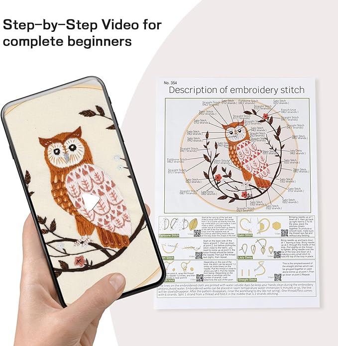 JOINRUN Beginner Embroidery Kit for Adults, Owl Cross Stitch Kits with 7.9" Hoop, Threads, Needles, Learn Stitches with Pre-Printed Patterns, Video Tutorial, DIY Needlework Craft Gift for Women
