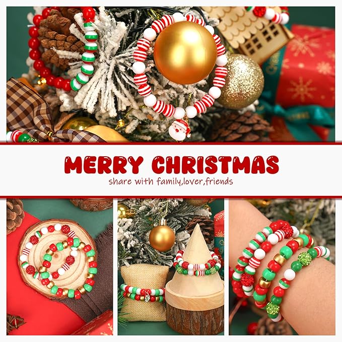 Christmas Beads for Bracelets, 500Pcs Pony Beads Kit with Christmas Tree Snowflake Charms Xmas Party Decor Red Green Assorted Bead Gifts for Girls Kids DIY Jewelry Making Crafts Stocking Stuffers