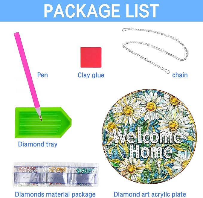VAIIEYO Welcome Diamond Art Hanging Ornament, Chrysanthemum Diamond Painting Suncatchers Window Hanging Kit with Chain, 7.5x7.5 inch Crystal Pendant Art Craft for Gift Home Wall Front Door Decoration