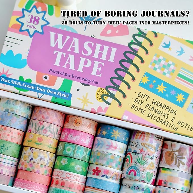 Washi Tape Set (38 Rolls) - Floral Scrapbooking Supplies Kit with Ephemera & Stickers for Junk Journal, Bible Study, Bullet Journaling Craft Projects