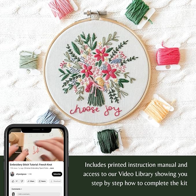 elly & grace christian embroidery kit with embroidery hoop, easy embroidery kit for beginners and adults, full embroidery hoop kit with needles and thread included (choose joy)