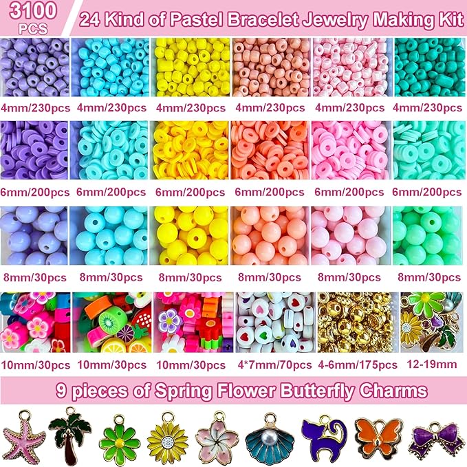 3100Pcs Clay Bead Bracelet Making Kit - Macaron Polymer Clay Heishi Seed Beads Assorted Acrylic Round Pastel Beads Gold Spacer Beads Spring Flower Charms for Bracelet Jewelry Earring Making DIY Craft