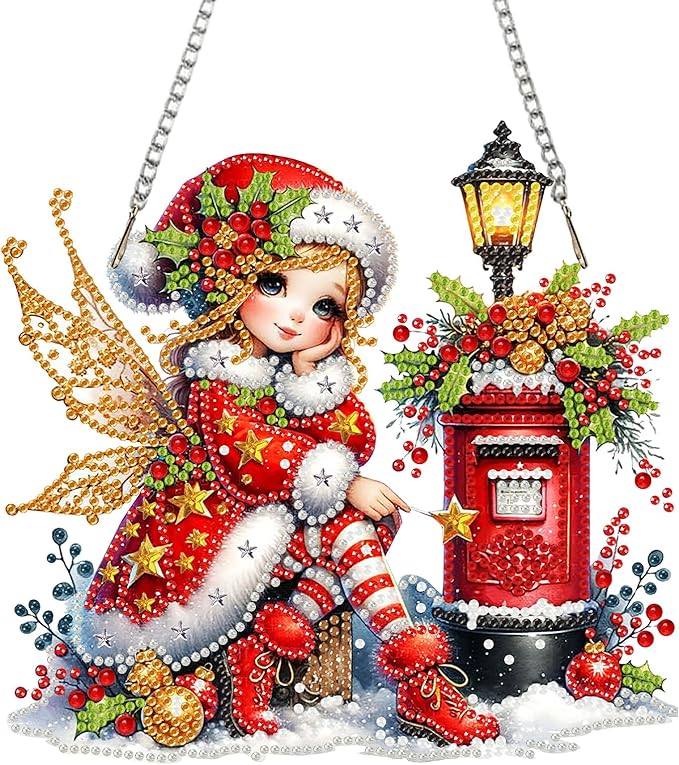 SENQAO Christmas Diamond Art Hanging Kits for Adults, Fairy Diamond Art Suncatchers, 5D Special Shape Diamond Painting Pendant Window Ornament Gifts for Home Door Wall Decor
