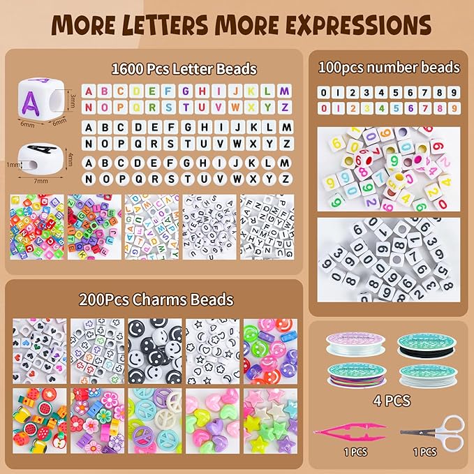 4500Pcs Pony Beads Bracelet Making Kit, 6 Boxes with 1600pcs Letter Beads Friendship Bracelets Kandi Rave Bead for Jewelry Making Keychain Hair Braid Gifts for Teens Arts and Crafts Kits