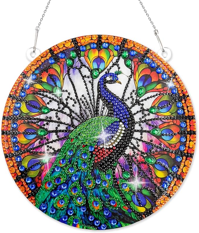 Diamond Art Hanging Kit for Adult, Painting Ornament Kit, Special Shaped Rhinestone,DIY Acrylic 5D Diamond Art Window Pendants Home Garden Wall Hanging Kits,Double Sided (Peacock)