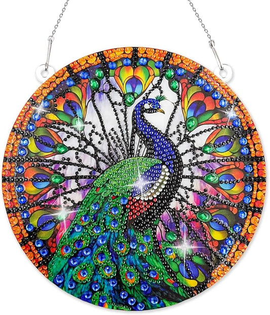 Diamond Art Hanging Kit for Adult, Painting Ornament Kit, Special Shaped Rhinestone,DIY Acrylic 5D Diamond Art Window Pendants Home Garden Wall Hanging Kits,Double Sided (Peacock)