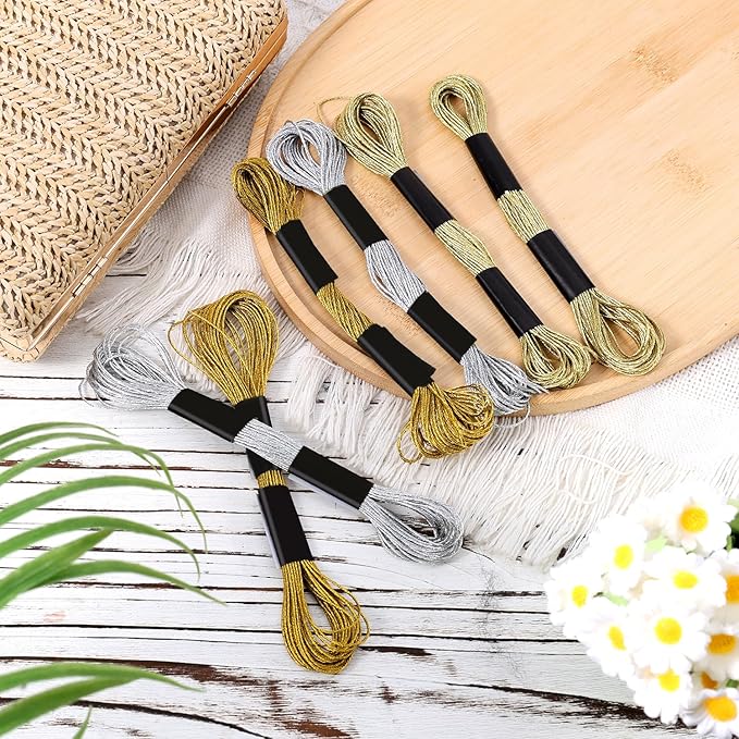 6 Skeins Embroidery Threads, Metallic Embroidery Floss Friendship Bracelet Cross Stitch Thread for Sewing Making Yarn Accessories Craft String Art Supplies (Gold+Light Gold+Silver)