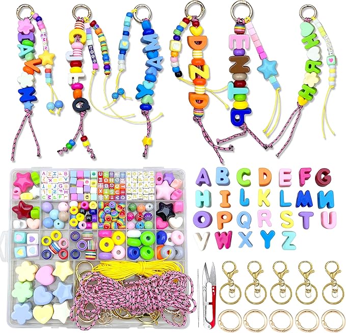 328 PCS Bead Bag Charm Kit for Girls, 40pcs Big Chunky A-Z Keychain Making Kit with Colorful Heart Star Flower Letter Bag Beads DIY Key Chain Charm Supplies for Women and Boys