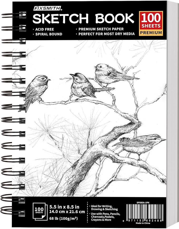fixsmith 5.5"x8.5" sketch book | 100 sheets (68 lb/100gsm) sketchbook| acid free drawing paper | spiral bound artist sketch pad | for kids, beginners, artists & professionals | bright white